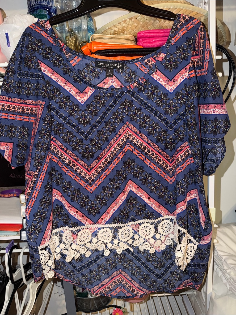 living doll Navy Chevron Floral Top with Pink Accents and Lace Hem